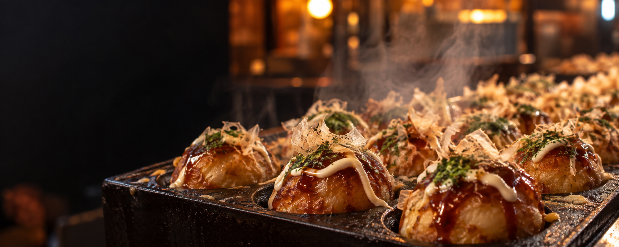 Freshly cooked Takoyaki topped with dancing bonito flakes